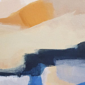 Abstract art, close up of painting on canvas with blue, orange, and white brush strokes