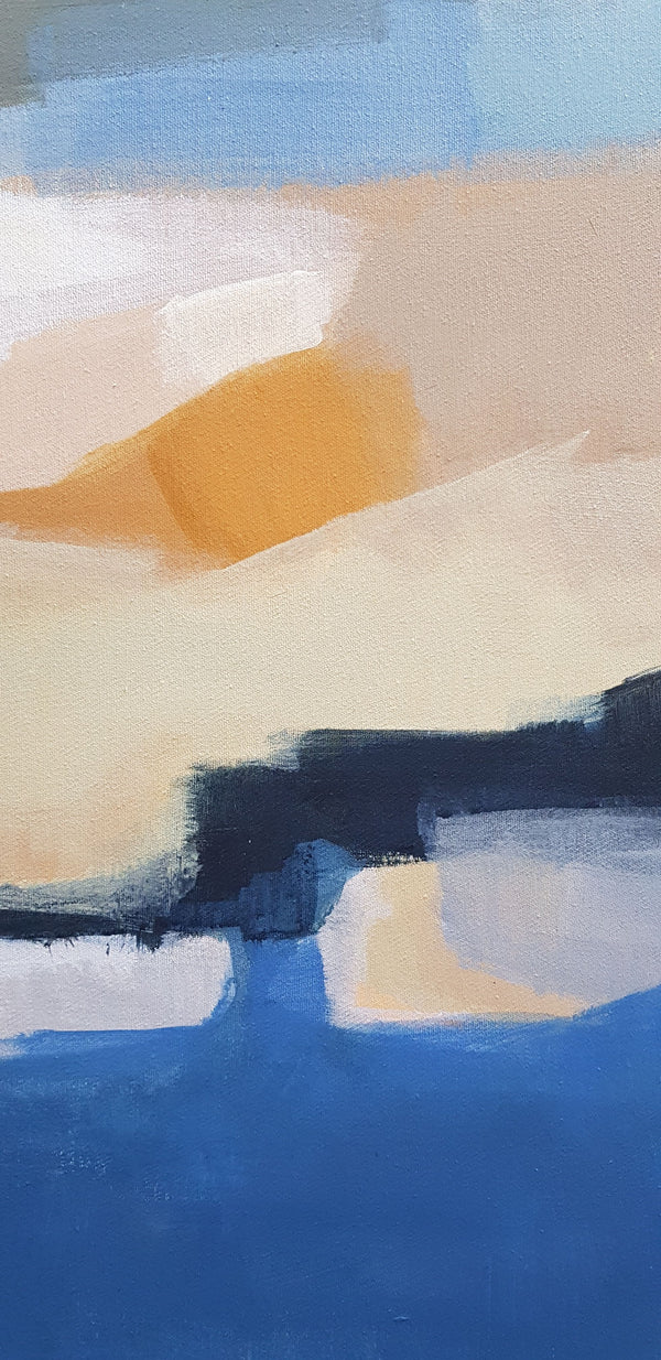 Abstract art, close up of painting on canvas with blue, orange, and white brush strokes